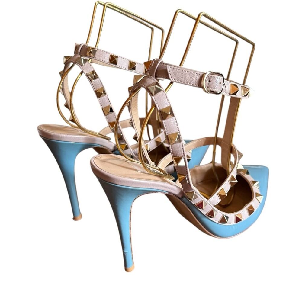 Valentino Garavani Rockstud  Blue Ciel Leather T Ankle Strap Pumps EU 38 US 8 - Picture 7 of 14